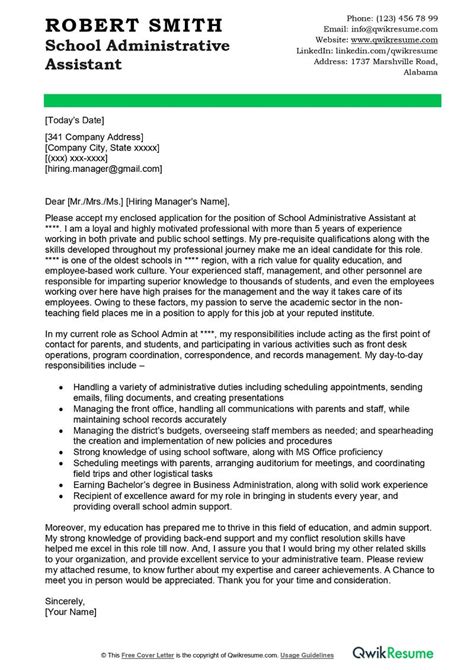 School Administrative Assistant Cover Letter Examples Qwikresume