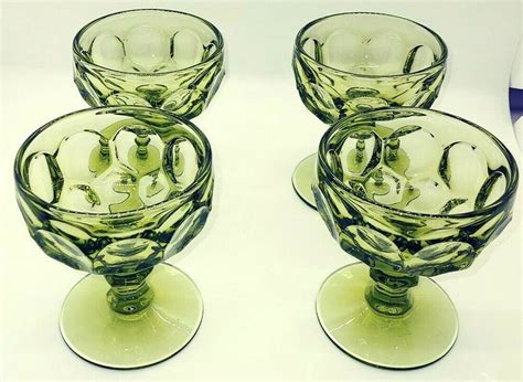 Vintage Indiana Green Glass Thumbprint Footed Dessert Cups Set Of 4