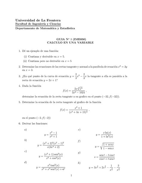 Guia Derivadas 1 Guia Derivadas Universidad De La Frontera Facultad