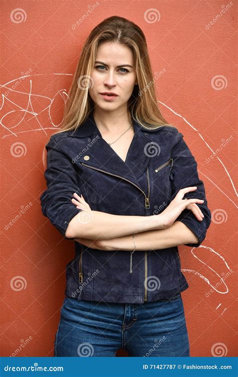 Pretty Stylish Blonde Woman Posing Near Wall Background Stock Image Image Of People Female