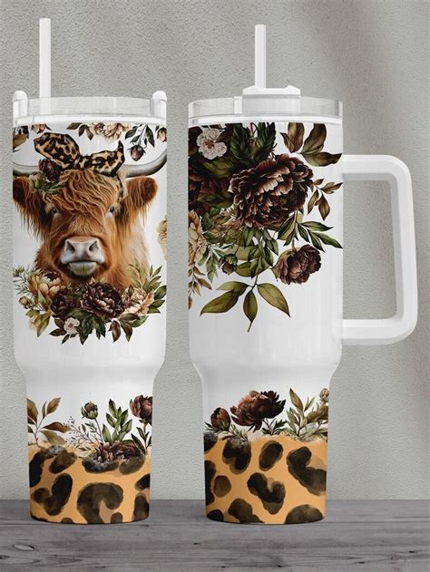 Two Travel Mugs With An Image Of A Cow On The Front And Side Both