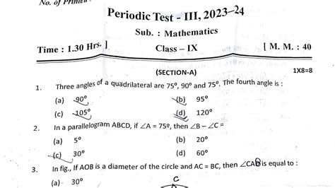 Class Maths Pt Exam Qestion Paper Kv Cbse Periodic Test For