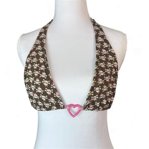 Y2k Brown And Pink Skull Bikini Top With Heart Depop