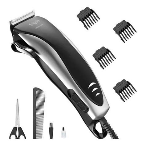 Kit Maquininha Cortar Aparar Cabelo Barba Pezinho Elgin Cor Preto Prata