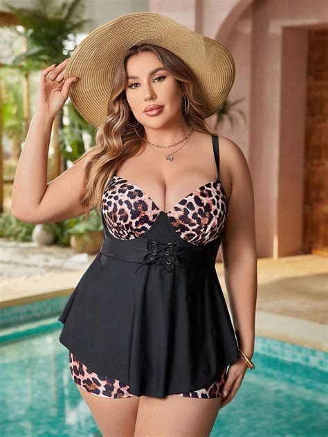 SHEIN Swim Lushore Plus Size Leopard Print Patchwork Bikini Set SHEIN USA