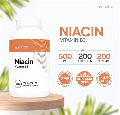 Nui Nutra Niacin Vitamin B3 Supplement 500mg 200 Capsules