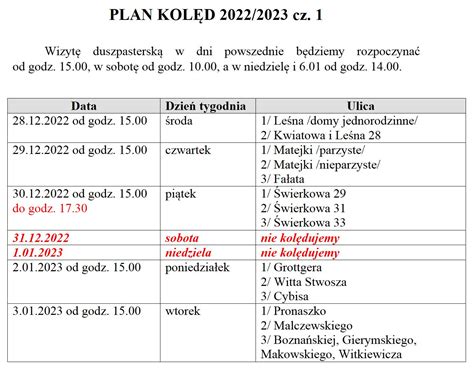 PLAN KOLĘD 2022 2023 cz 1 Parafia św Katarzyny w Działdowie