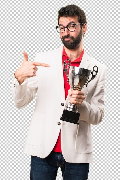 Premium Psd Brunette Man With Glasses Holding A Trophy