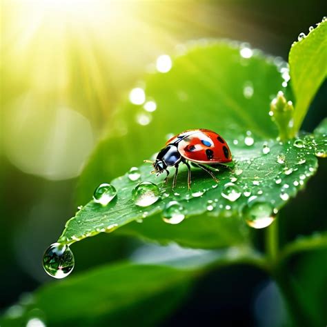 Premium Photo Ladybug On Green Leaf With Dew Drops Macro Close Up