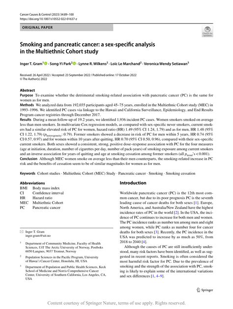 PDF Smoking And Pancreatic Cancer A Sex Specific Analysis In The