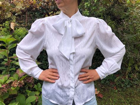 Vintage S White Pussy Bow Blouse Long Puff Sleeve Shiny White Blouse M Size Etsy