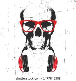 Portrait Skull Glasses Headphones Handdrawn Illustration Vector De