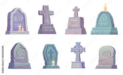 Cartoon headstones. Scary gravestones stone crosses, halloween ring ...