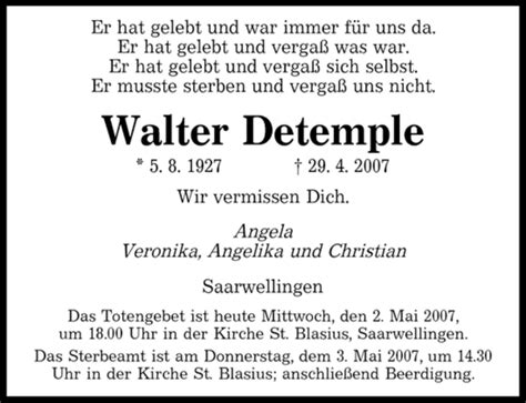 Traueranzeigen Von Walter Detemple Saarbruecker Zeitung Trauer De