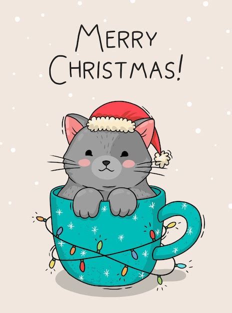 Premium Vector Christmas Card Illustration With A Cat In A Cup