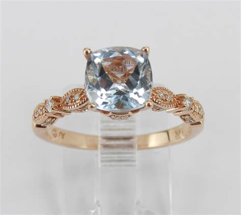 Diamond and Cushion Cut Aquamarine Engagement Ring 14K Rose Gold Size 7