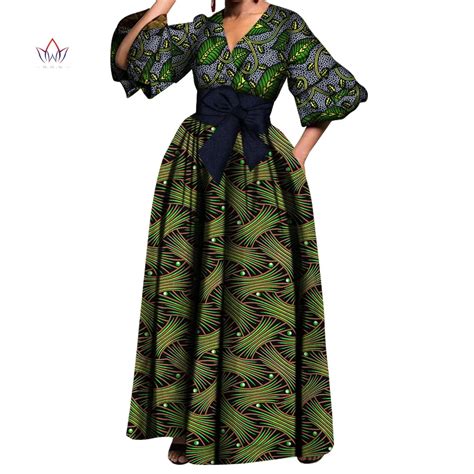 Bintarealwax African Print Dresses Dashiki V Neck Collar Party Dress