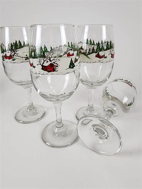 Libbey Winter Village Water Goblet Wine Glasses Set Of 4 Vintage Holiday Goblets With Winter