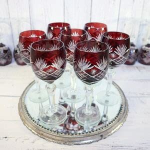 Japanese Cut Crystal Hock Wine Glasses Goblets Burgundy Ruby Red Edo