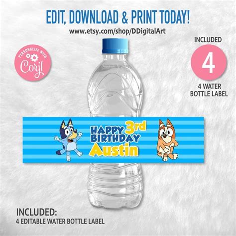 Editable Bluey Water Bottle Labels Water Labels Printable Template