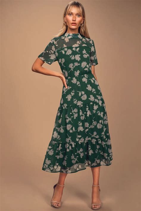 Floral Dressed Up Dark Green Floral Print Midi Dress Floral Print