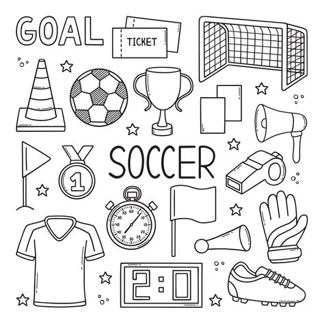 Hand Drawn Set Of Soccer Doodle Football Elements In Sketch Style