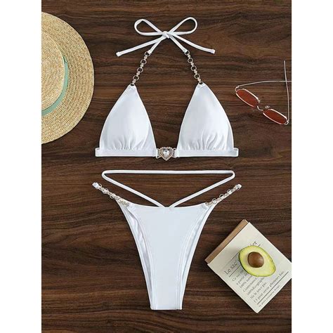 Lovito Sexy Plain Lace Up Crystal Bikini Sets For Women Lnl Lovito Set Bikini Kristal