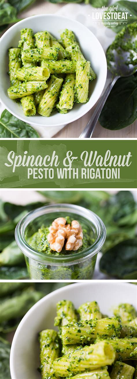 Rigatoni With Spinach And Walnut Pesto The Girl Loves To Eat