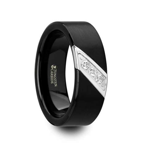 8 mm Black Tungsten with Diagonal Diamonds "Martin" | Tungsten Rings.com