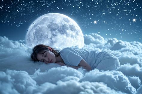 Mujer Joven Durmiendo En La Cama Con Luna Llena En El Cielo Por La