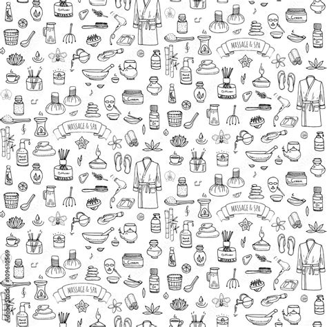 Seamless Background Hand Drawn Doodle Massage And Spa Icons Set Vector