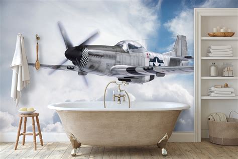 P-51 Mustang Airplane Flying in the Clouds Wallpaper Mural – Let's ...