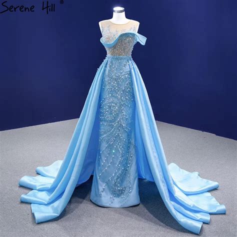 Serene Hill Blue Mermaid Overskirt Evening Dresses Gowns 2023 Beaded Elegant Luxury Satin For