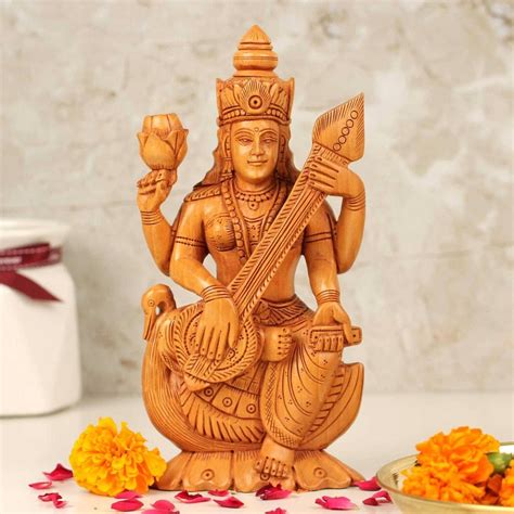 Saraswati Statue In Wood 7 Inch Big Hand Carved Wooden Sarasvati