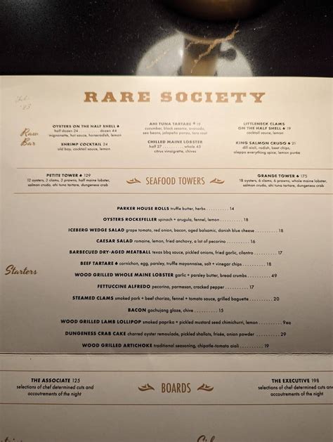 Menu at Rare Society steakhouse, Mill Creek