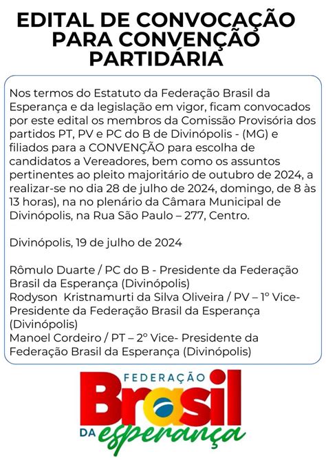 Edital De Convoca O De Conven O Partid Ria Da Federa O Brasil Da