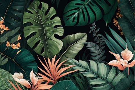 Premium Ai Image A Black Background With Tropical Leaves And Flowers