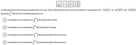 1 5 8 13 R(t) 1 10 17 32 The differentiable function R is increasing ...