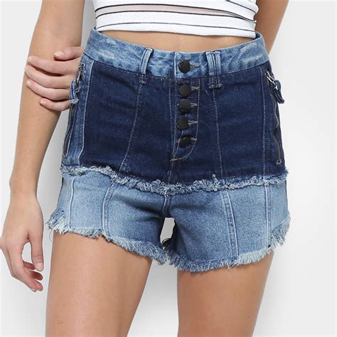 Short Jeans Open Barra Desfiada Cintura Alta Feminino Azul Zattini