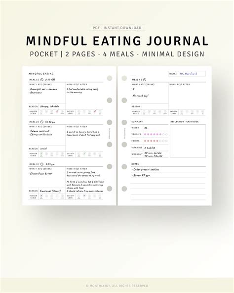 Mindful Eating Food Journal Printable Pocket Size Inserts Food Log