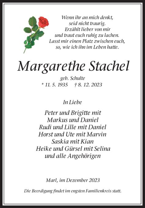 Traueranzeigen Von Margarethe Stachel Sich Erinnern De