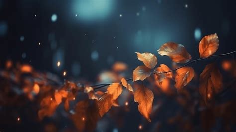 Premium AI Image | Magical fall background with leaves and lights on a dark sky blurred magical ...