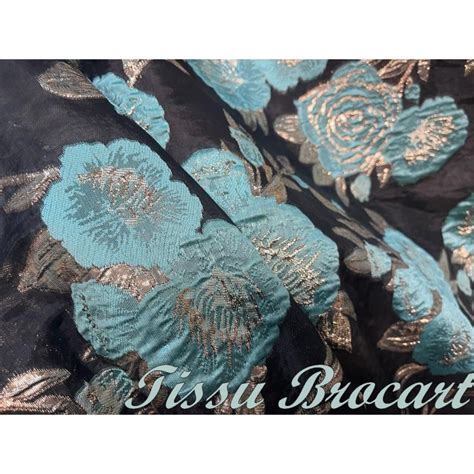 Brocart Au M Tre De Luxe En Motifs Fleurs Turquoise Et Feuilles Dor