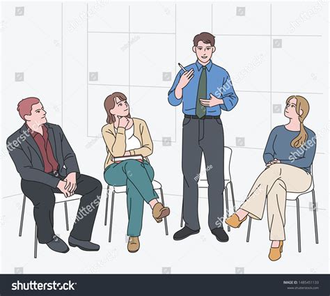 People Sitting On Chairs Man Standing Vector De Stock Libre De