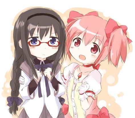 Safebooru 2girls Akemi Homura Araki495 Black Hair Bow Braid Glasses Kaname Madoka Mahou Shoujo