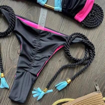 Colorblock Halter Bikini Set With Rope Details On Luulla