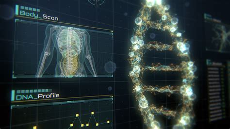 Rotating Digital DNA Strand On Futuristic Display With Infographics