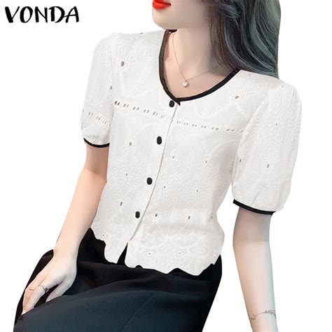 VONDA Women Korean Daily Puff Sleeves Round Neck Front Buttons Solid