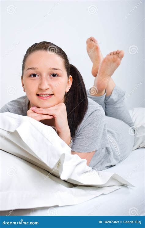 Happy Woman Barefoot Lying Bed Stock Image Image Of Bedroom