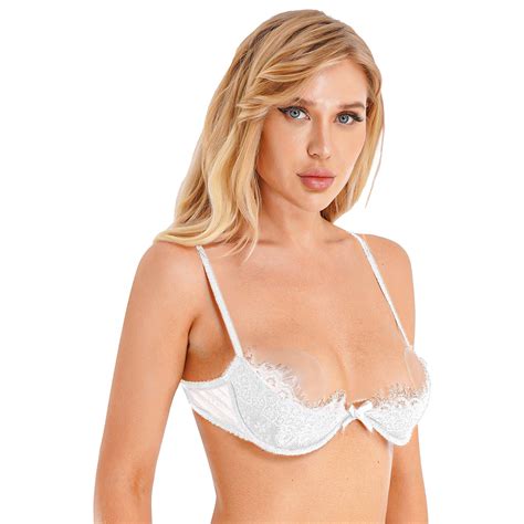 DPOIS Women S Lace Trim 1 4 Cup Push Up Underwired Padded Bra White XXL